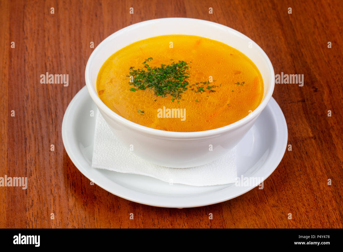 Delicious chicken bouillon with noodles and herbs Stock Photo Alamy