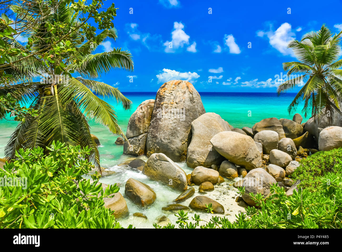 Tropical coast in Seychelles, Mahe Stock Photo