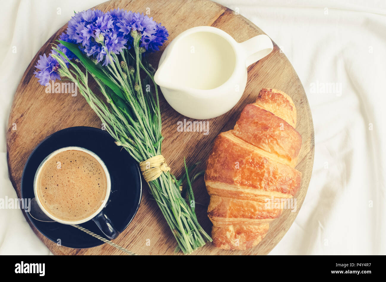Romantic Summer Breakfast In Bed Tray With Fresh Croissant Cup
