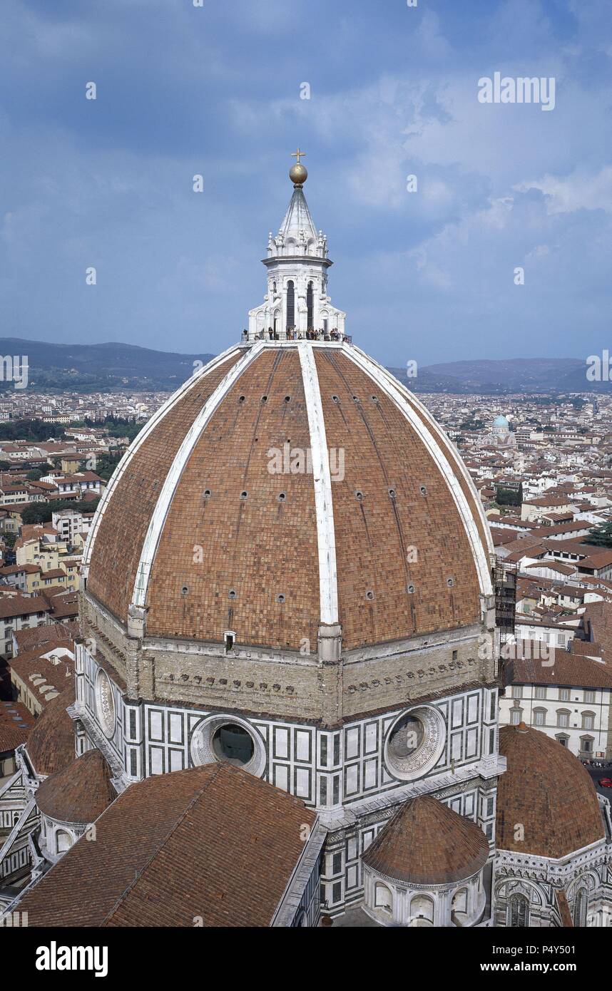 Dome by the Florence Cathedral. 15th century. Built by Filippo Brunelleschi (1377-1446). Exterior. Italy. Stock Photo