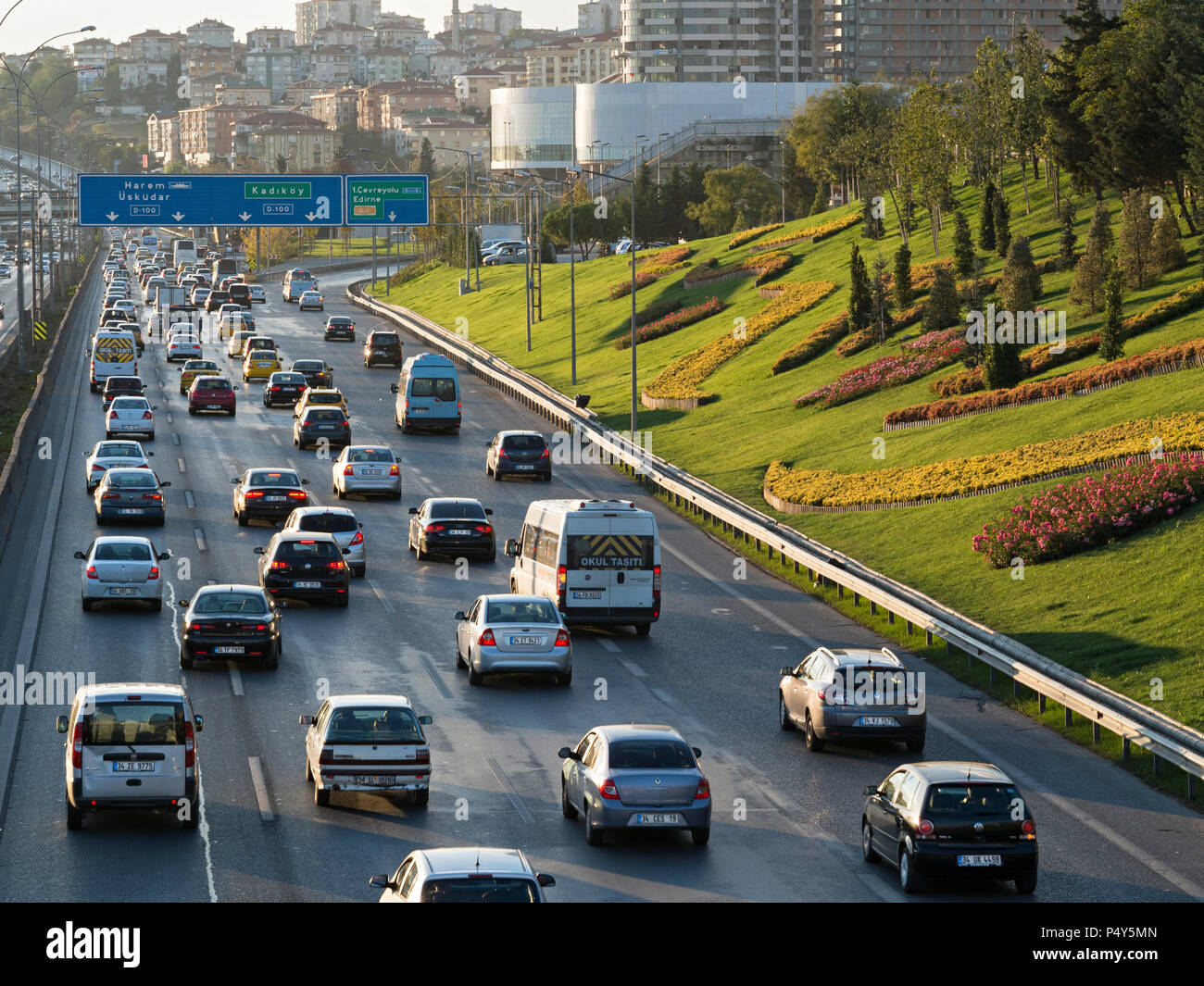 Istanbul, Turkey - September 22, 2013 Heavy traffic on the highway at the Istanbul Anatolian Side Also a nice paysage is visible at the right side Stock Photo