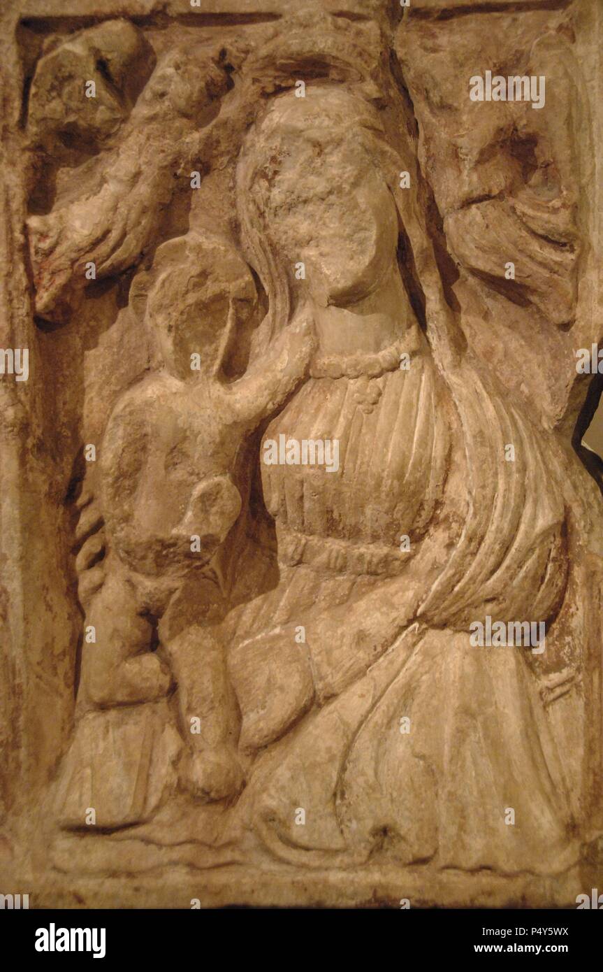 Byzantine Art. Greece. Virgin Dexiokratousa in stone. Holding the child with his right hand. Dated circa 1435. Old Fortress Museum. Corfu. Ionian Islands. Stock Photo