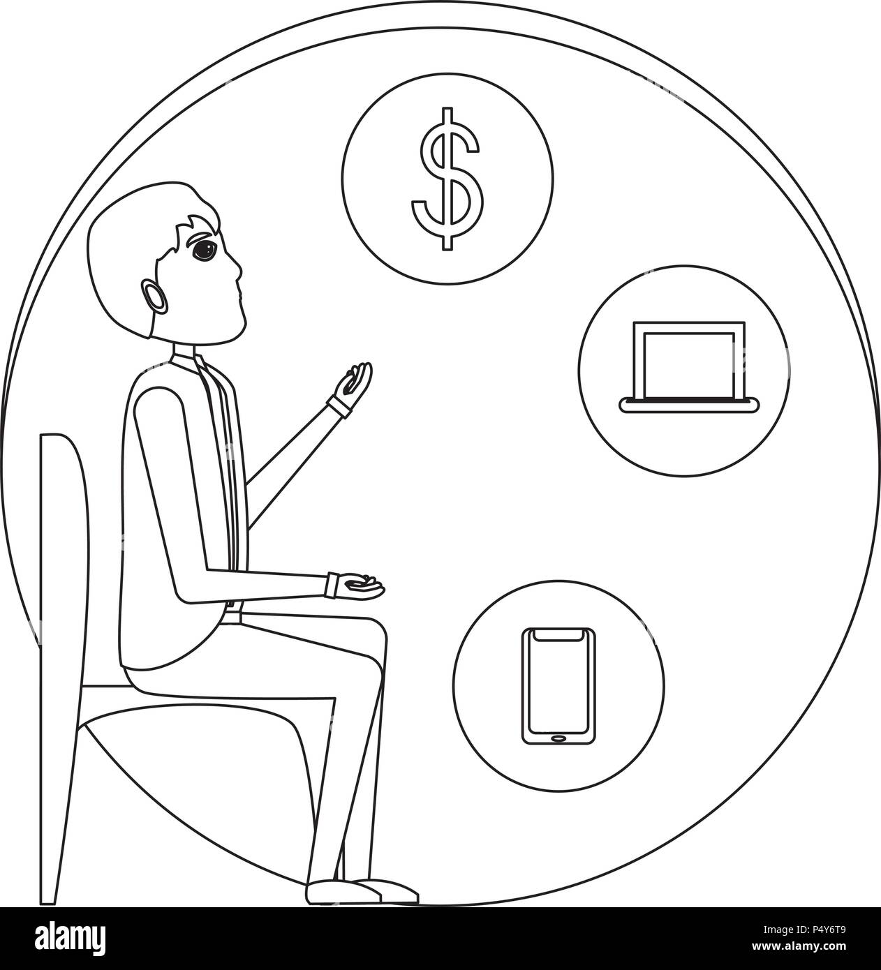 Cartoon businessman thinking with related icons around over white ...