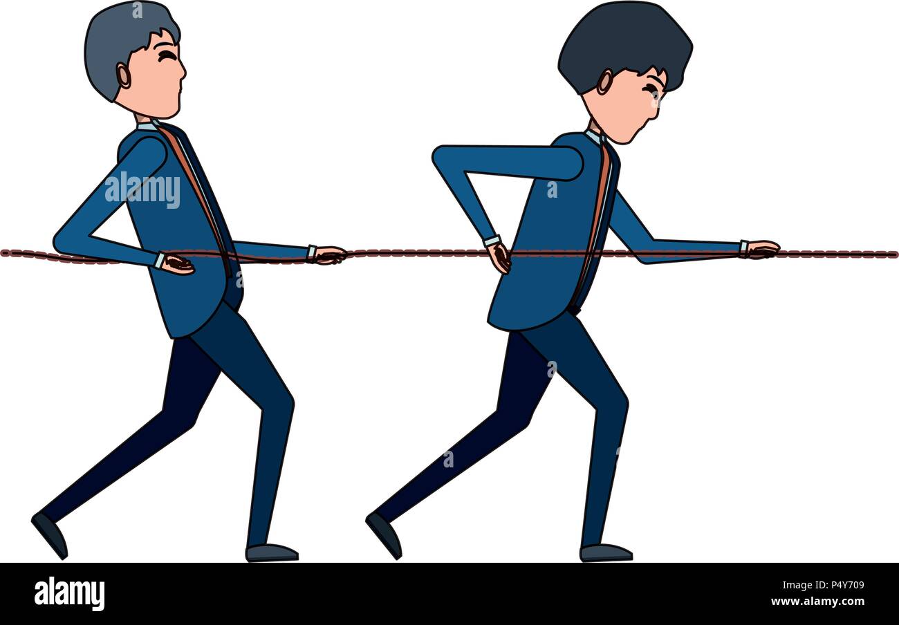 Cartoon businessmen pushing a rope over white background, vector