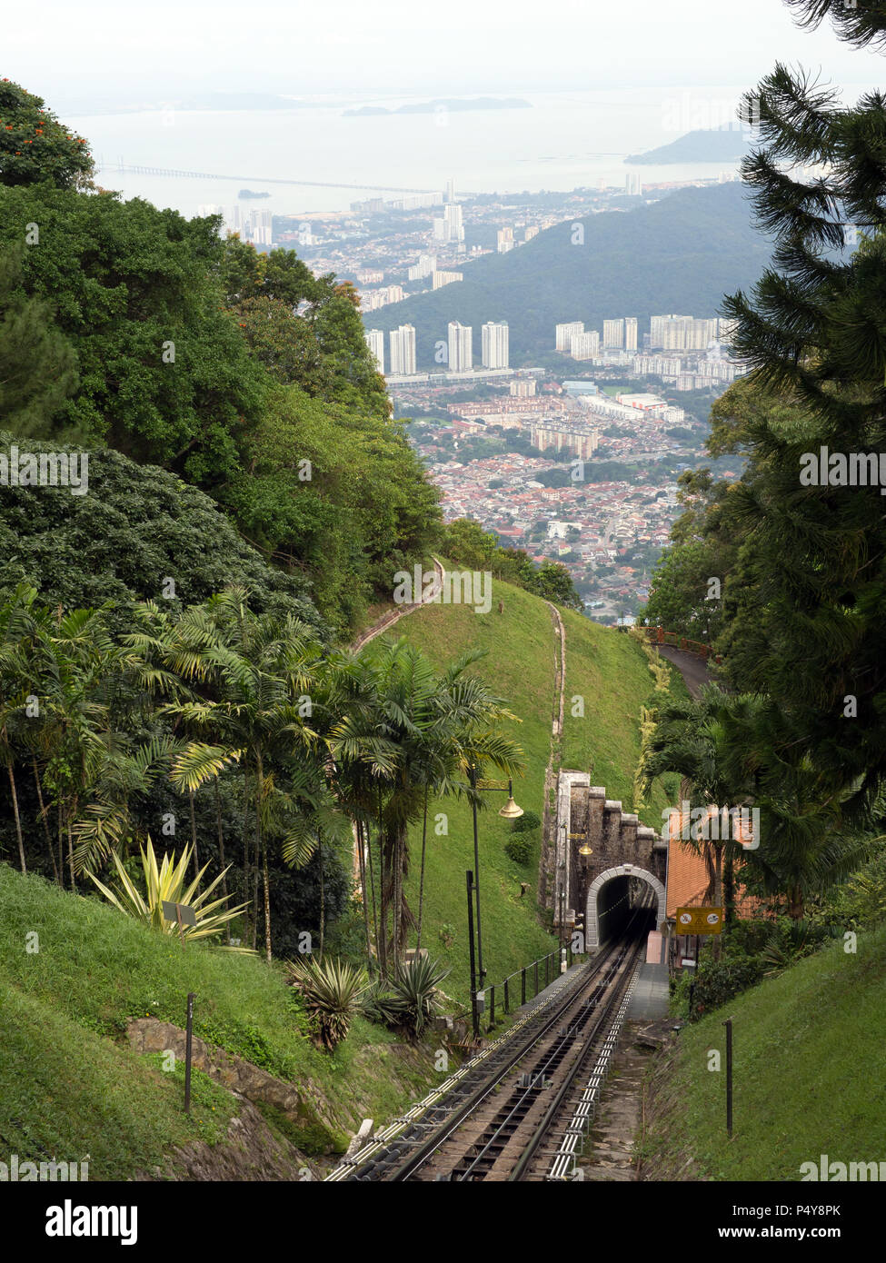 Railway tram track on the Penang hill, Malaysia. Stock Photo