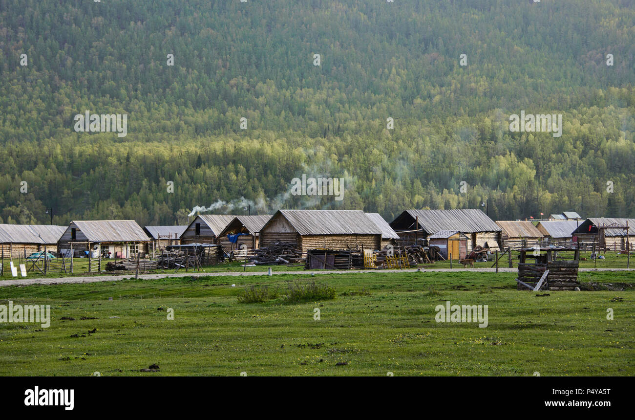 Tuvan village, Kanas Lake National Park, Xinjiang, China Stock Photo