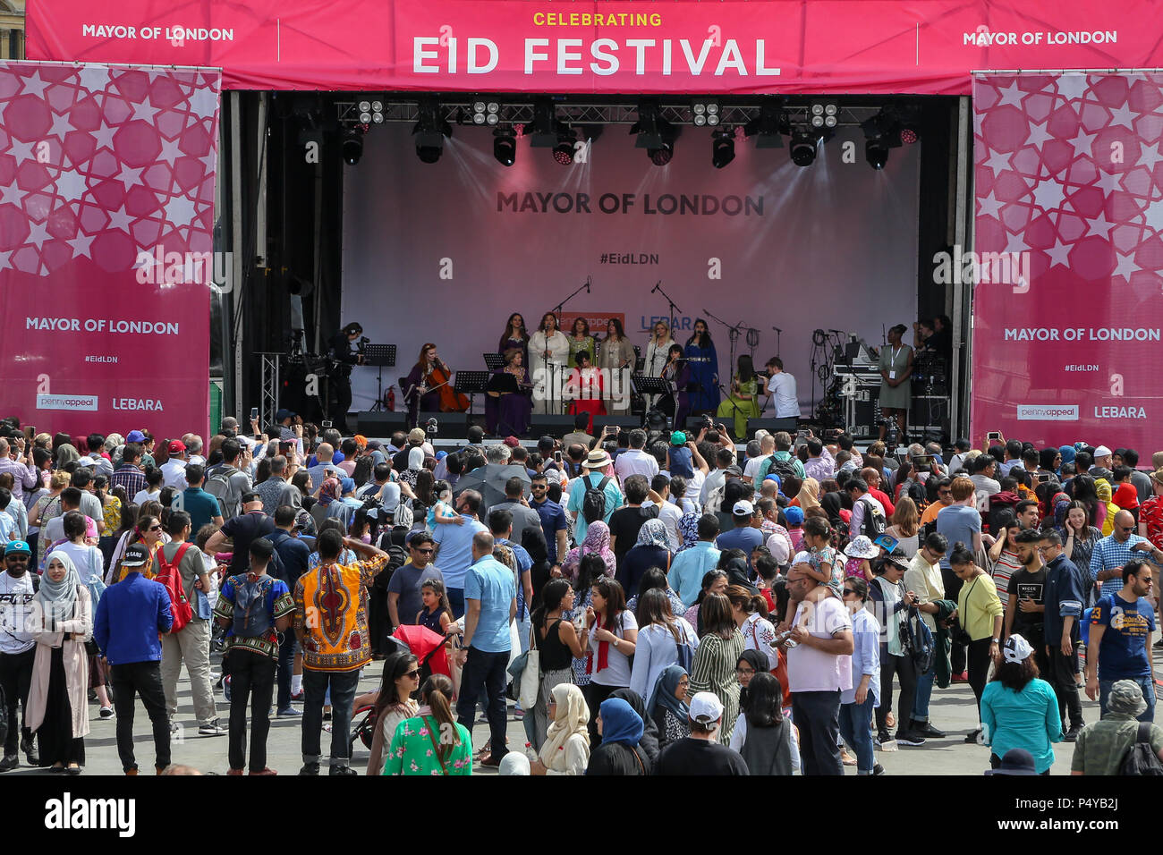 Trafalgar Square. London. 23 June 2018 - Hundreds of Muslims and people from other faiths attend Eid Festival in Trafalgar Square which marks the end of Ramadan, the Islamic holy month of fasting.    Credit: Dinendra Haria/Alamy Live News Stock Photo