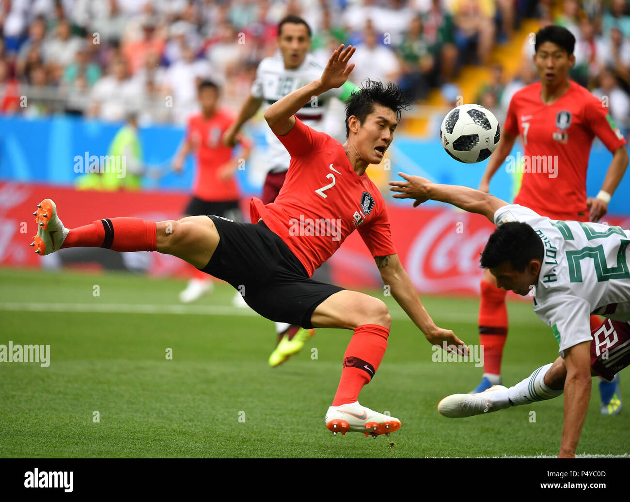 Rostov On Don. 23rd June, 2018. Lee Yong (L) of South Korea competes during the 2018 FIFA World Cup Group F match between South Korea and Mexico in Rostov-on-Don, Russia, June 23, 2018. Credit: Li Ga/Xinhua/Alamy Live News Stock Photo
