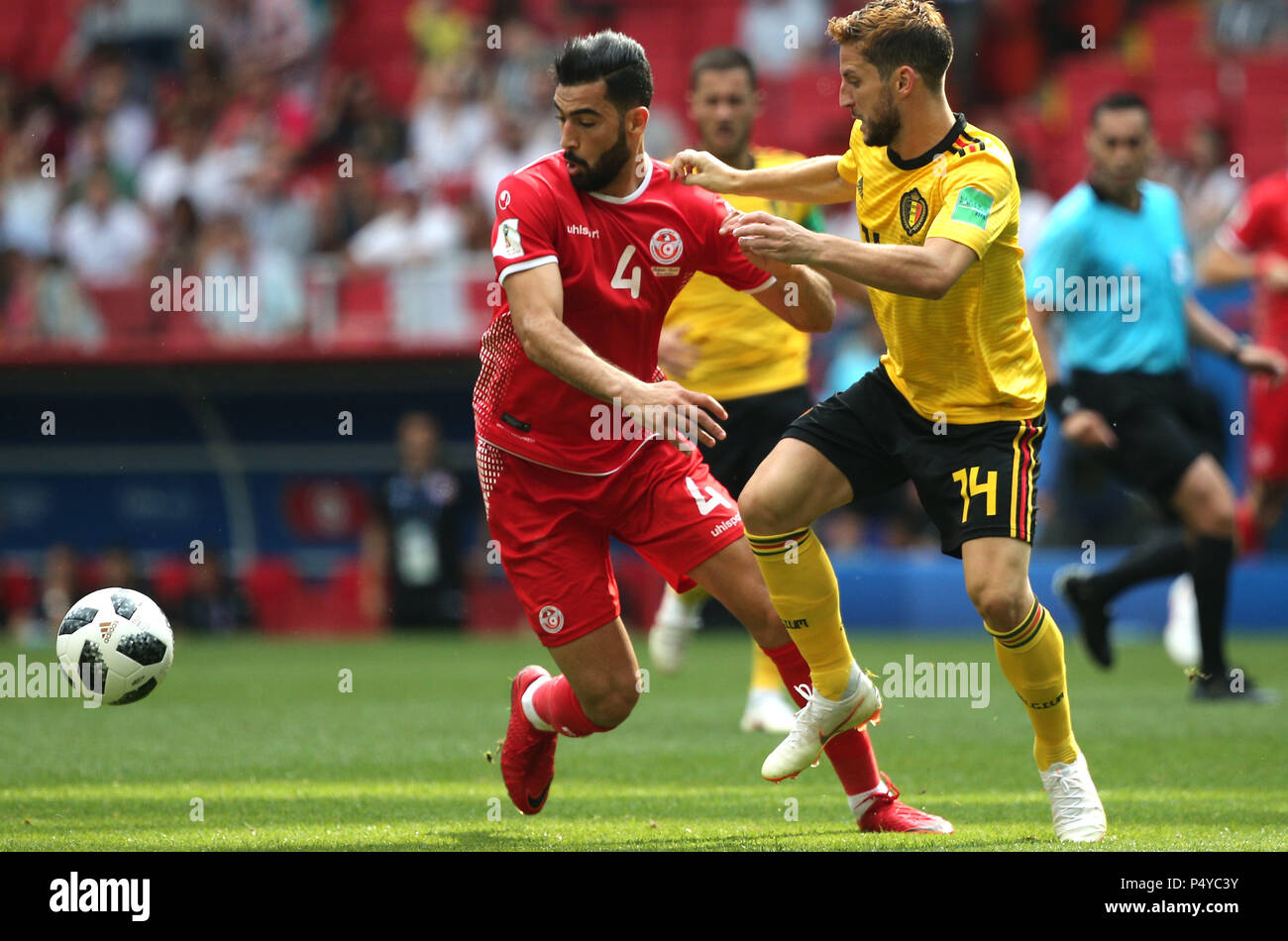 Moscow, Russian. 23rd June, 2018. 23.06.2018. Moscow, Russian:YASSINE MERIAH, Dries Mertens in action during the Fifa World Cup Russia 2018, Group C, football match between BELGIUM V TUNISIA in SPARTAK STADIUM in Moscow Stadium Credit: Independent Photo Agency/Alamy Live News Stock Photo