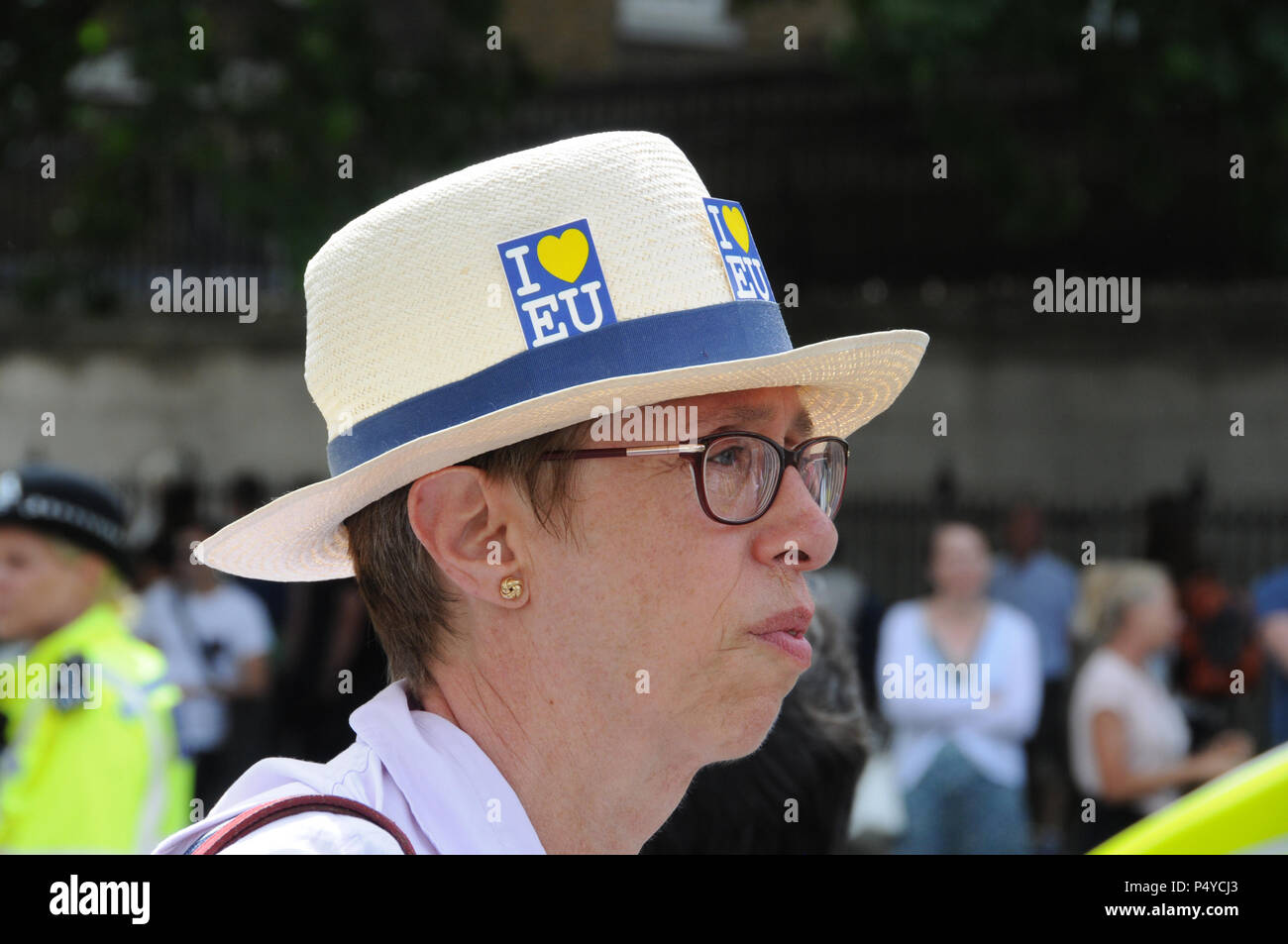 A protester wears a Panama hat, at the People's March for Brexit, London, UK. Stock Photo