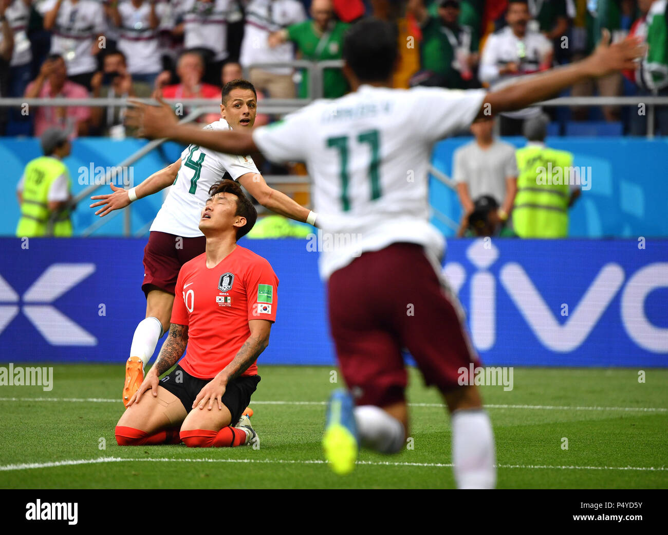 Rostov On Don. 23rd June, 2018. Javier Hernandez (L top) of Mexico celebrates scoring during the 2018 FIFA World Cup Group F match between South Korea and Mexico in Rostov-on-Don, Russia, June 23, 2018. Credit: Li Ga/Xinhua/Alamy Live News Stock Photo
