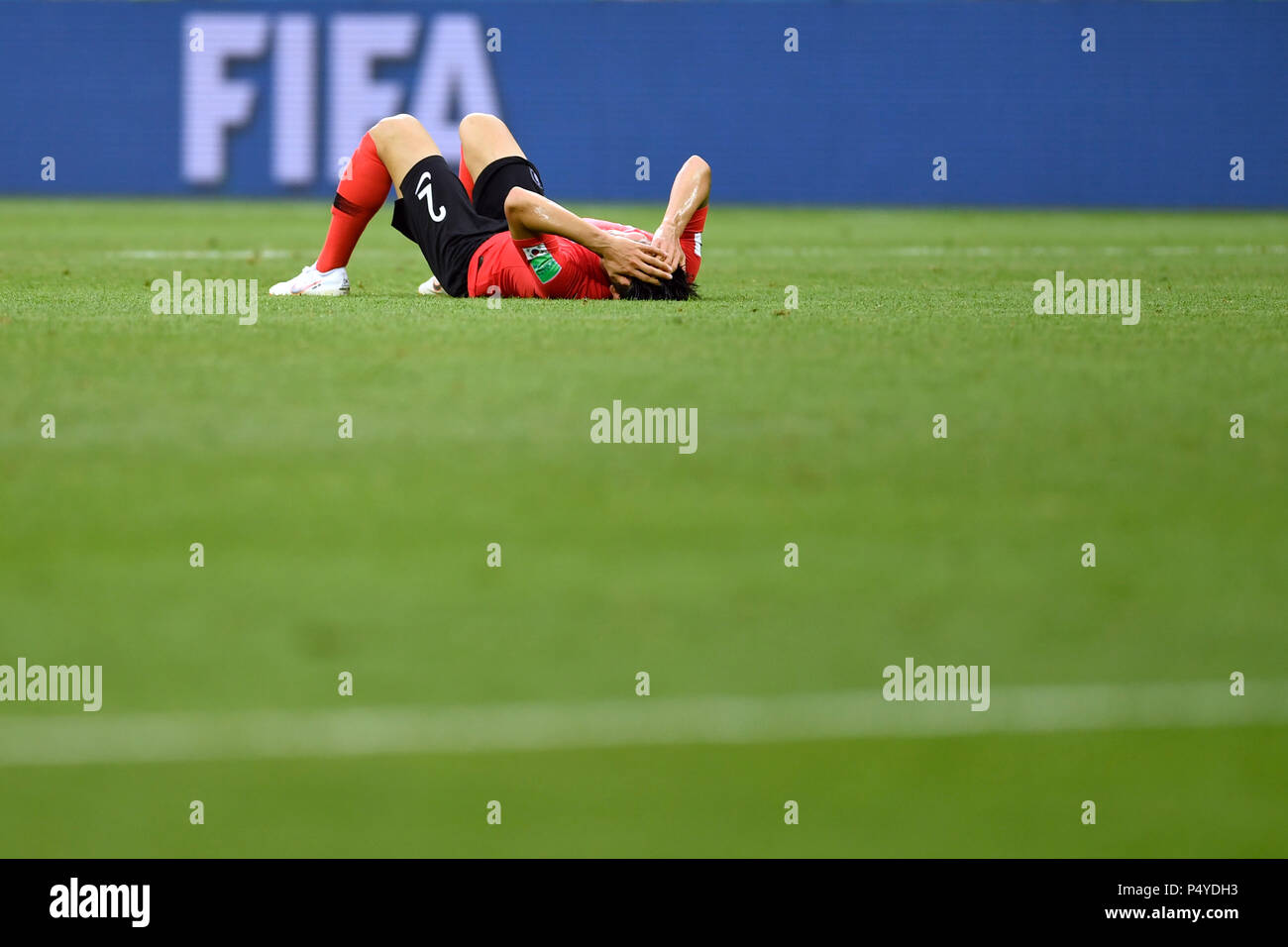 Rostov-on-Don, Russia. 23rd June, 2018.Soccer, FIFA World Cup 2018, South Korea vs Mexico, group stages, Group F, 2nd matchday at the Rostov-on-Don Stadium: Yong Lee from South Korea lies on the pitch after the end of the match. Photo: Marius Becker/dpa Credit: dpa picture alliance/Alamy Live News Stock Photo