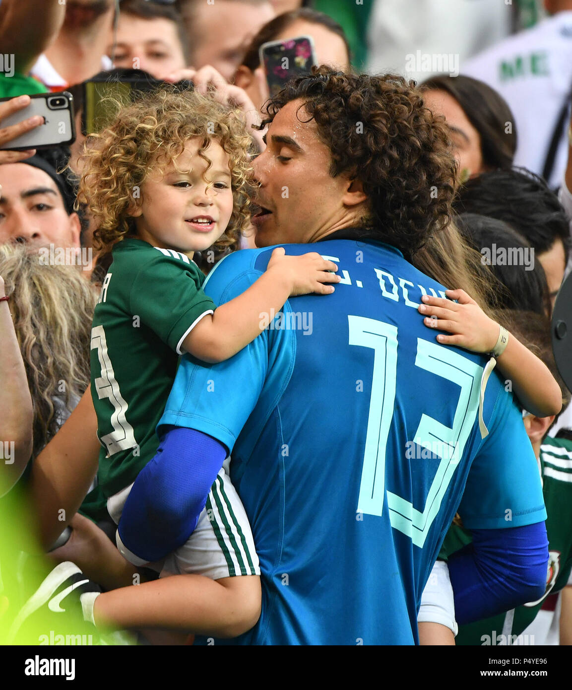 Rostov On Don. 23rd June, 2018. Mexico's goalkeeper Guillermo Ochoa celebrates with his family after the 2018 FIFA World Cup Group F match between South Korea and Mexico in Rostov-on-Don, Russia, June 23, 2018. Mexico won 2-1. Credit: Li Ga/Xinhua/Alamy Live News Stock Photo