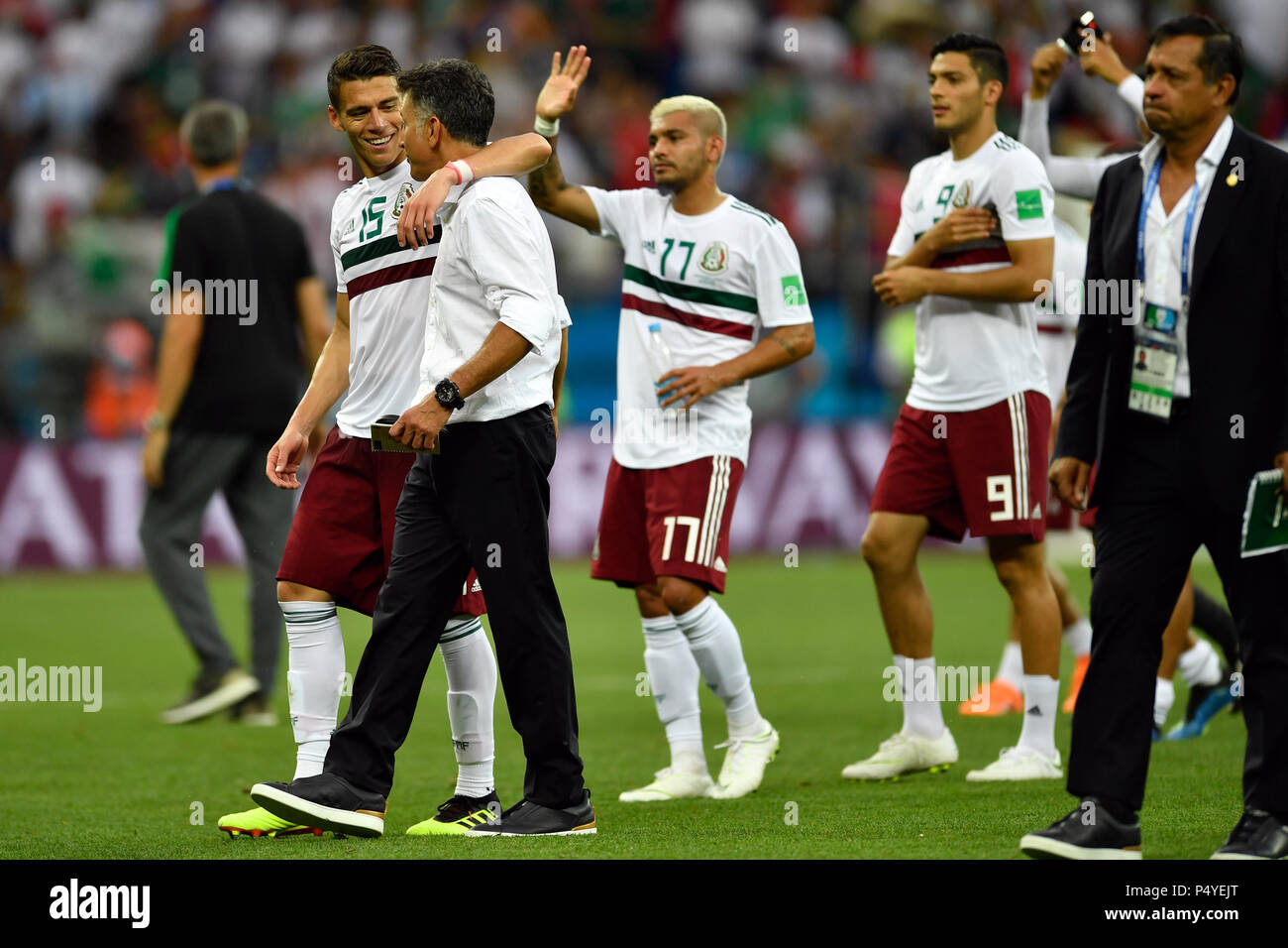 Rostov-on-Don, Russia. 23rd June, 2018. Soccer, FIFA World Cup 2018, South Korea vs Mexico, group stages, Group F, 2nd matchday at the Rostov-on-Don Stadium: Hector Moreno of Mexico (L) and head coach Juan Carlos Osorio after the match. Credit: Marius Becker/dpa/Alamy Live News Stock Photo