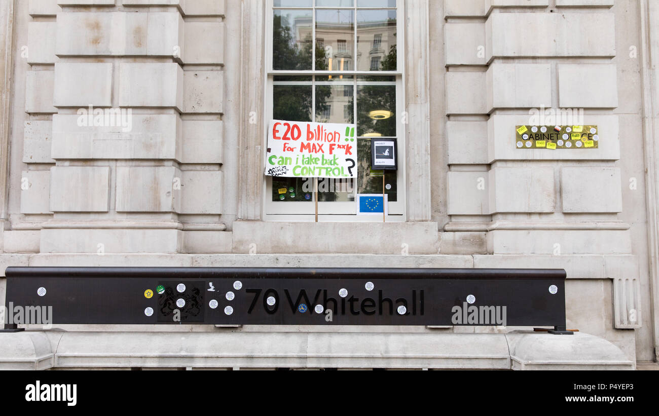Westminster, London, UK. 23rd June 2018. Anti Brexit stickers and banners at the Cabinet Office. The March for a People's Vote on the terms of the final Brexit deal took place today. Credit: Carol Moir/Alamy Live News Stock Photo