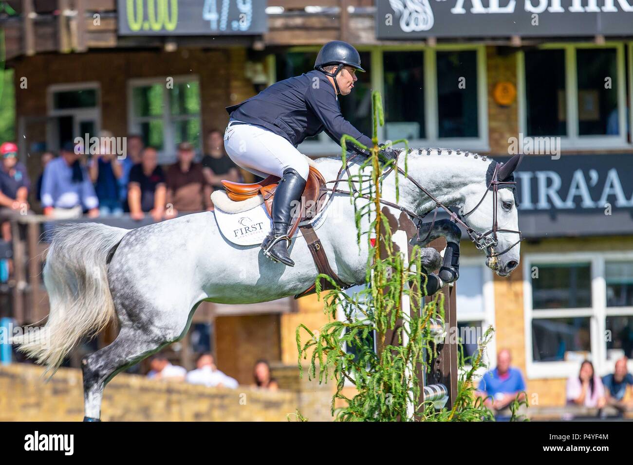 West Sussex, UK. 22nd June 2018. Jake Saywell riding Havinia Van De Roshoeve. GBR.The Hickstead under  25 Masters. The Al Shira'aa Hickstead Derby Meeting. Showjumping. The All England Jumping Course. Hickstead. West Sussex. UK. Day 4. 23/06/2018. Stock Photo