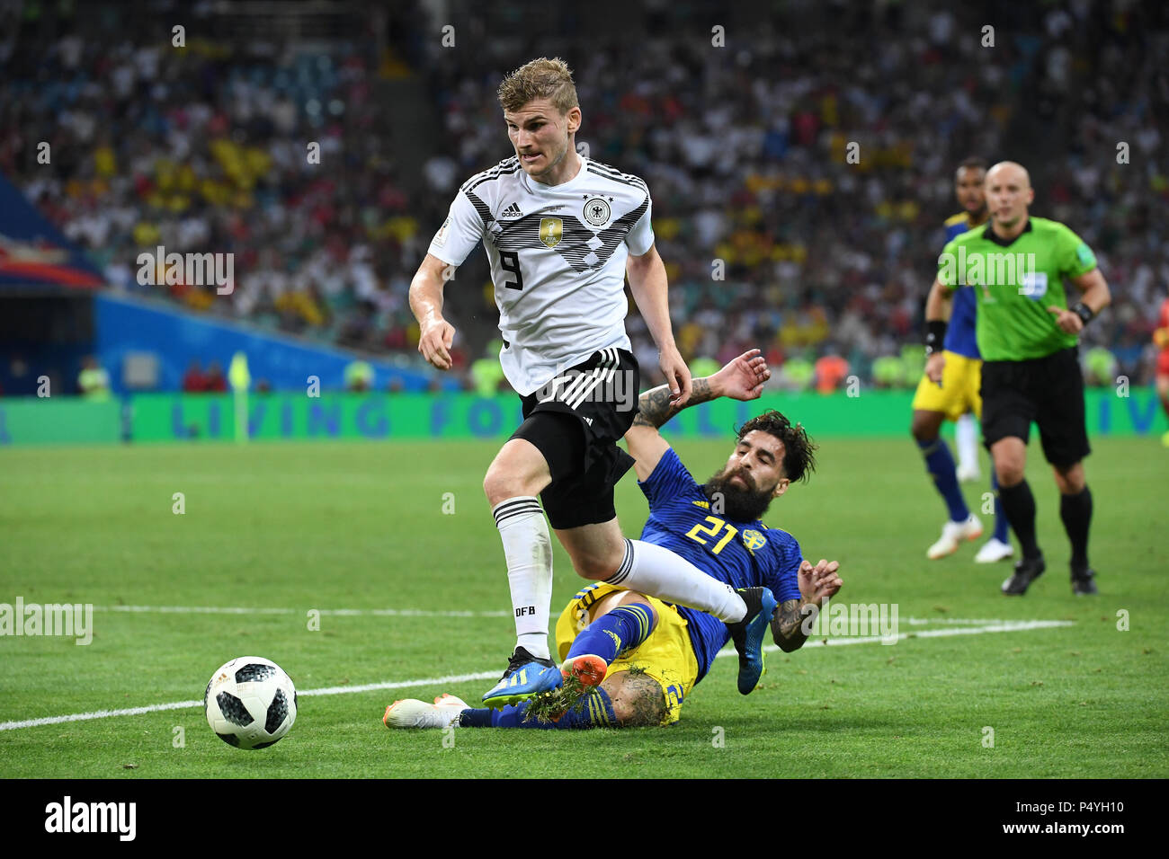 Sochi, Russia. 23rd June, 2018. Foul that led to the decisive free kick: Timo Werner (Germany) in duels with Jimmy Durmaz (Sweden). GES/Football/World Championship 2018 Russia: Germany - Sweden, 23.06.2018 GES/Soccer/Football/Worldcup 2018 Russia: Germany vs Sweden, Sochi, June 23, 2018 | usage worldwide Credit: dpa/Alamy Live News Stock Photo