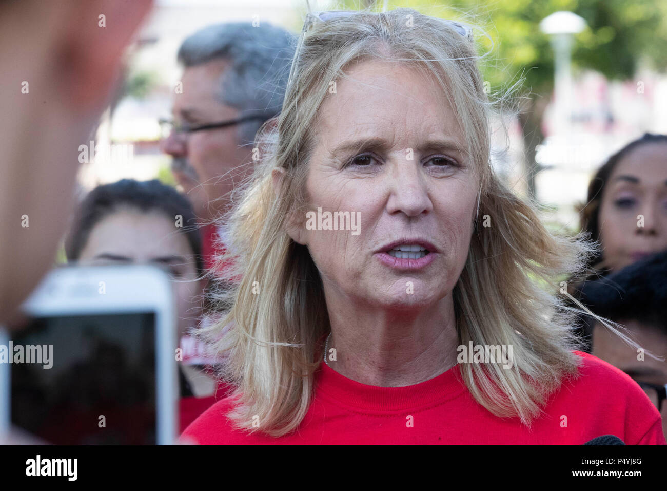 Kerry Kennedy, director of the Robert F. Kennedy Center for Justice and daughter of Robert and Ethel Kennedy, talks to the press while kicking off a 24-day hunger strike protesting Pres. Donald Trump's immigration policies during a rally on the U.S.-Mexican border in McAllen, Texas. Stock Photo