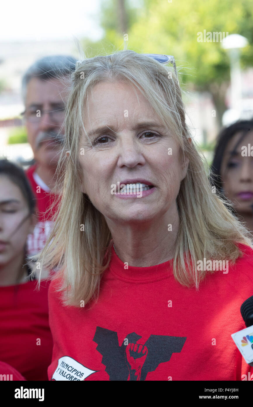 Kerry Kennedy, director of the Robert F. Kennedy Center for Justice and daughter of Robert and Ethel Kennedy, talks to the press while kicking off a 24-day hunger strike protesting Pres. Donald Trump's immigration policies during a rally on the U.S.-Mexican border in McAllen, Texas. Stock Photo