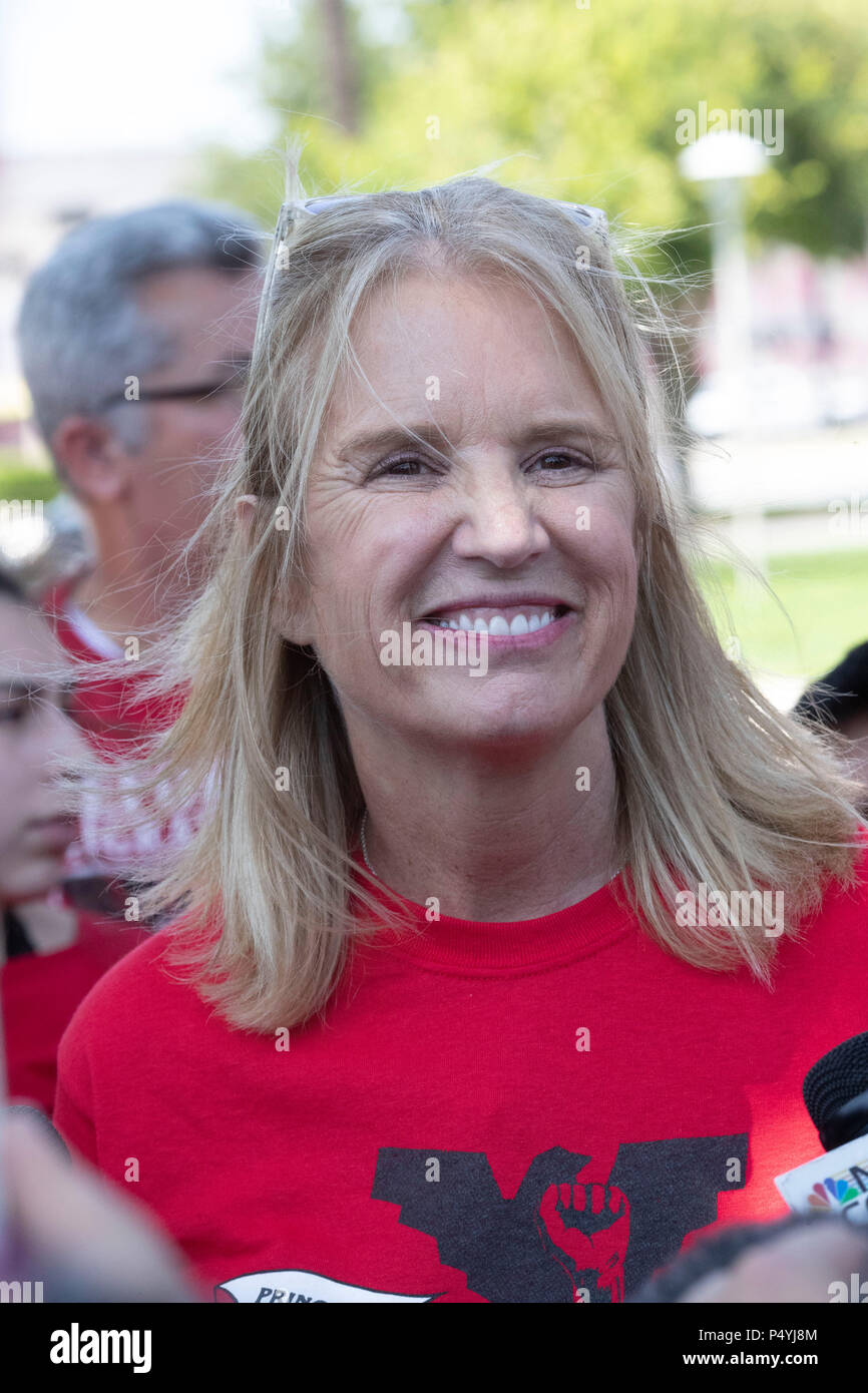Kerry Kennedy, director of the Robert F. Kennedy Center for Justice and daughter of Robert and Ethel Kennedy, talks to the press while kicking off a 24-day hunger strike protesting Pres. Donald Trump's immigration policies during a rally on the U.S.-Mexican border in McAllen, Texas. Stock Photo