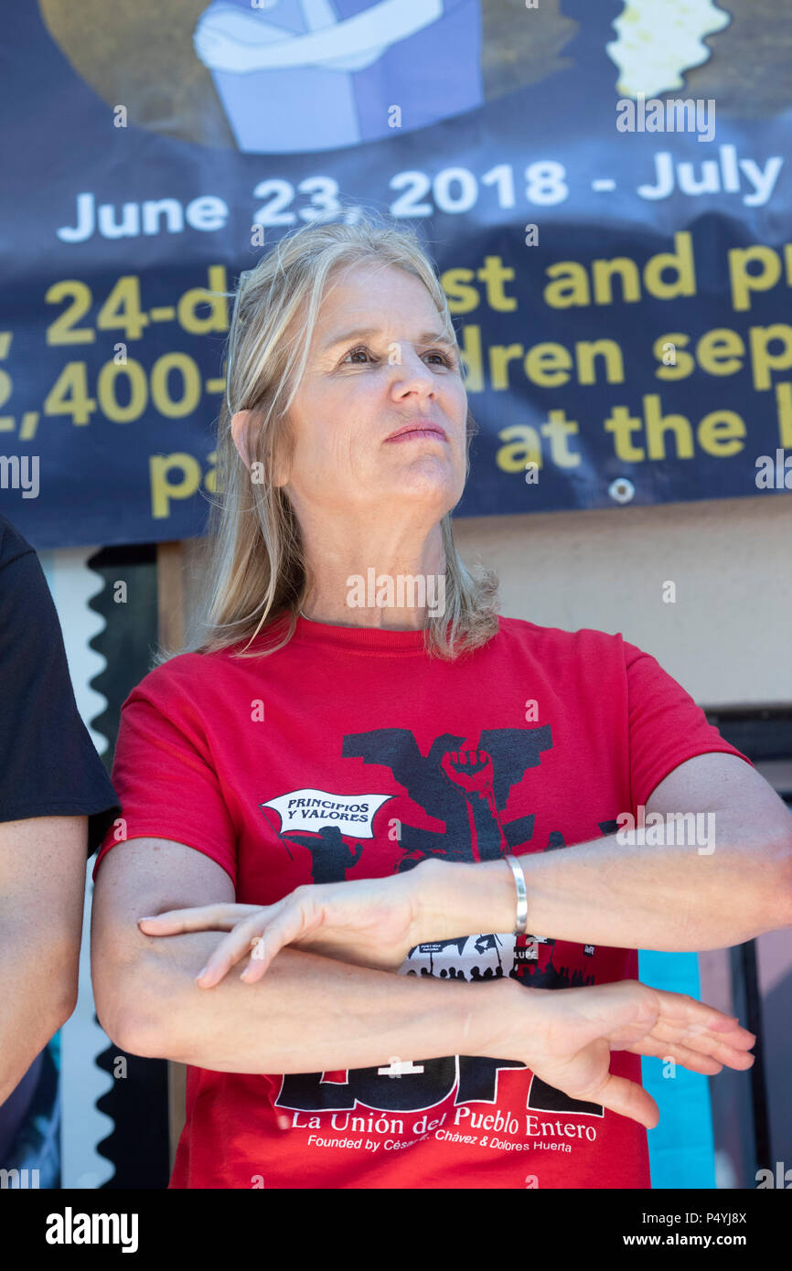 Kerry Kennedy, director of the Robert F. Kennedy Center for Justice and daughter of Robert and Ethel Kennedy, kicks off a 24-day hunger strike protesting Pres. Donald Trump's immigration policies during a rally on the U.S.-Mexican border in McAllen, Texas. Stock Photo