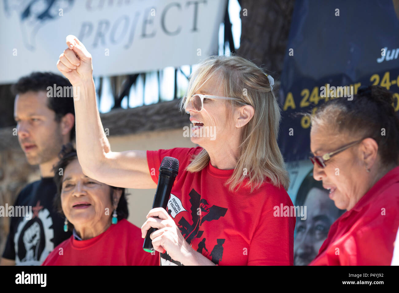 Kerry Kennedy, director of the Robert F. Kennedy Center for Justice and daughter of Robert and Ethel Kennedy, kicks off a 24-day hunger strike protesting Pres. Donald Trump's immigration policies during a rally on the U.S.-Mexican border in McAllen, Texas. Stock Photo