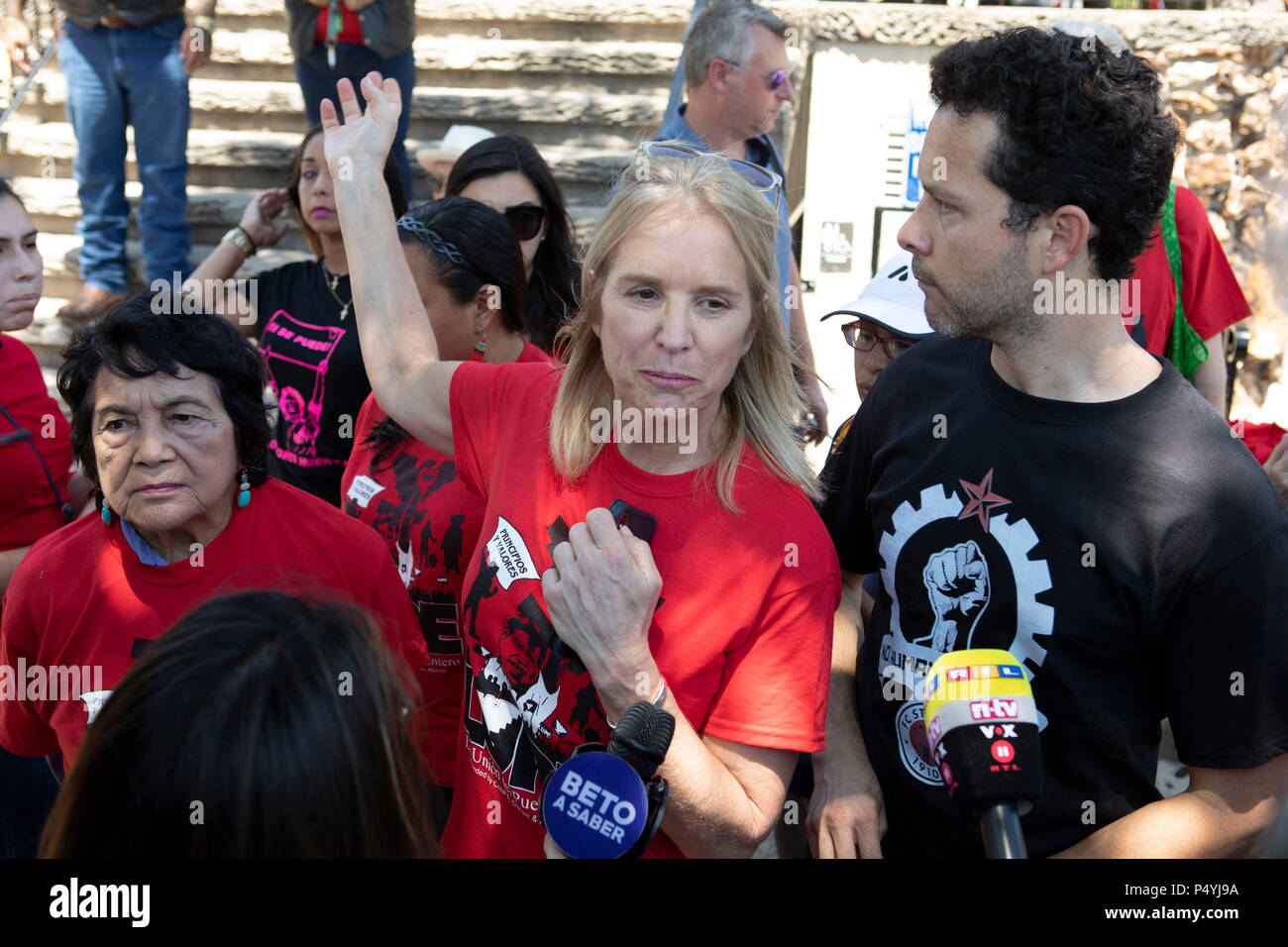 Kerry Kennedy, director of the Robert F. Kennedy Center for Justice and daughter of Robert and Ethel Kennedy, talks to the press while kicking off a 24-day hunger strike protesting Pres. Donald Trump's immigration policies during a rally on the U.S.-Mexican border in McAllen, Texas. Stock Photo