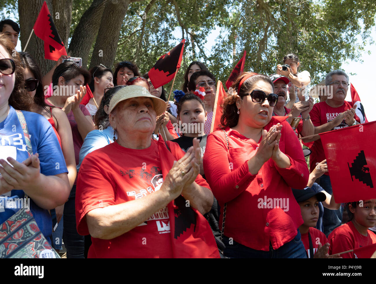 Protesters applaud Kerry Kennedy, director of the Robert F. Kennedy Center for Justice and daughter of Robert and Ethel Kennedy,as she kicks off a 24-day hunger strike during a rally in McAllen TX protesting Pres. Donald Trump's policy of separating immigrant families at the US-Mexico border.. Stock Photo