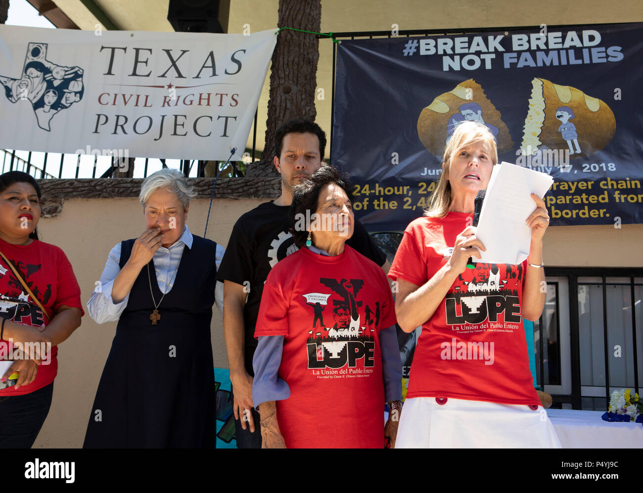 Kerry Kennedy, director of the Robert F. Kennedy Center for Justice and daughter of Robert and Ethel Kennedy, kicks off a 24-day hunger strike protesting Pres. Donald Trump's immigration policies during a rally on the U.S.-Mexican border in McAllen, Texas. Stock Photo