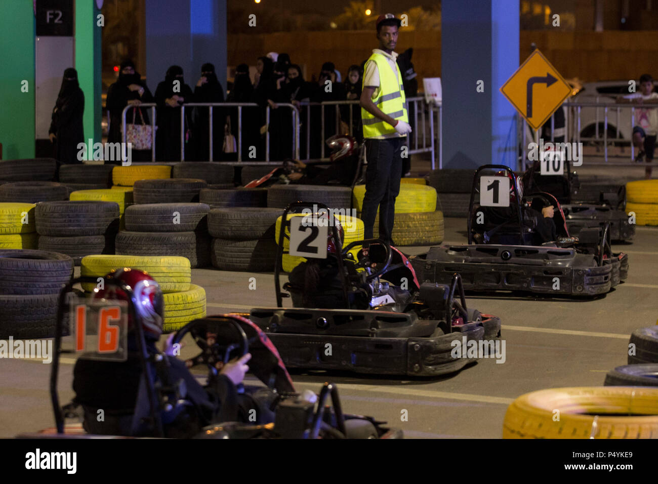 Riyadh, Saudi Arabia. 23rd June, 2018. Saudi women drive gokarts