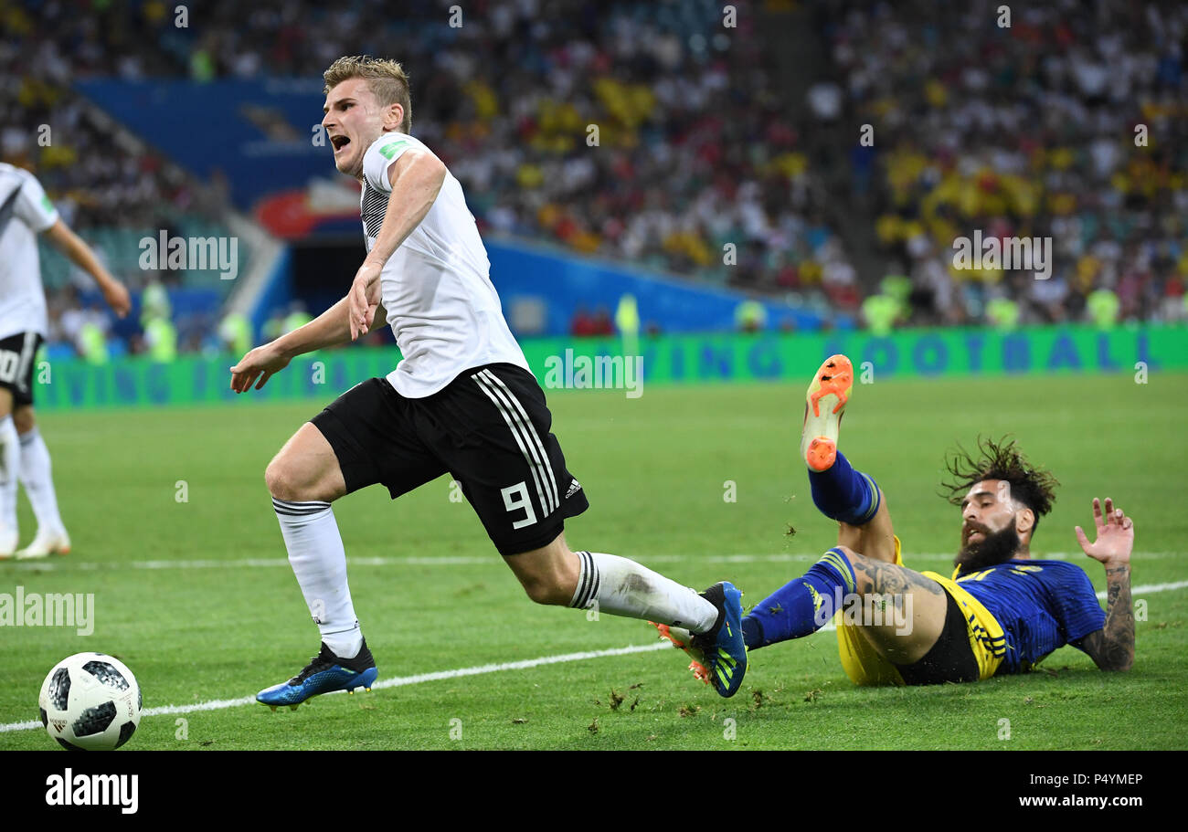Sochi, Russland. 23rd June, 2018. This foul by Jimmy Durmaz (Sweden) to Timo Werner (Germany) resulted in a free kick for Germany. GES/Football/World Cup 2018 Russia: Germany - Sweden, 23.06.2018 GES/Soccer/Football/World Cup 2018 Russia: Germany vs Russia, Sochi, June 23, 2018 | usage worldwide Credit: dpa/Alamy Live News Stock Photo