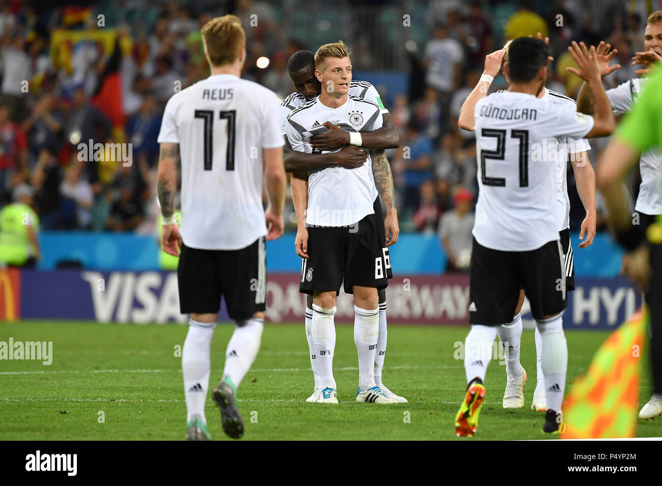 Sochi, Russia. 23rd June, 2018. The winning goalkeeper Toni KROOS (GER) (Wed.) is hugged by Antonio RUEDIGER (Rudiger, GER) after the final whistle; Germany (GER) - Sweden (SWE) 2: 1 Preliminary Round, Group F, match 27, on 23.06.2018 in SOCHI, Fisht Olymipic Stadium. Football World Cup 2018 in Russia from 14.06. - 15.07.2018. | usage worldwide Credit: dpa/Alamy Live News Stock Photo
