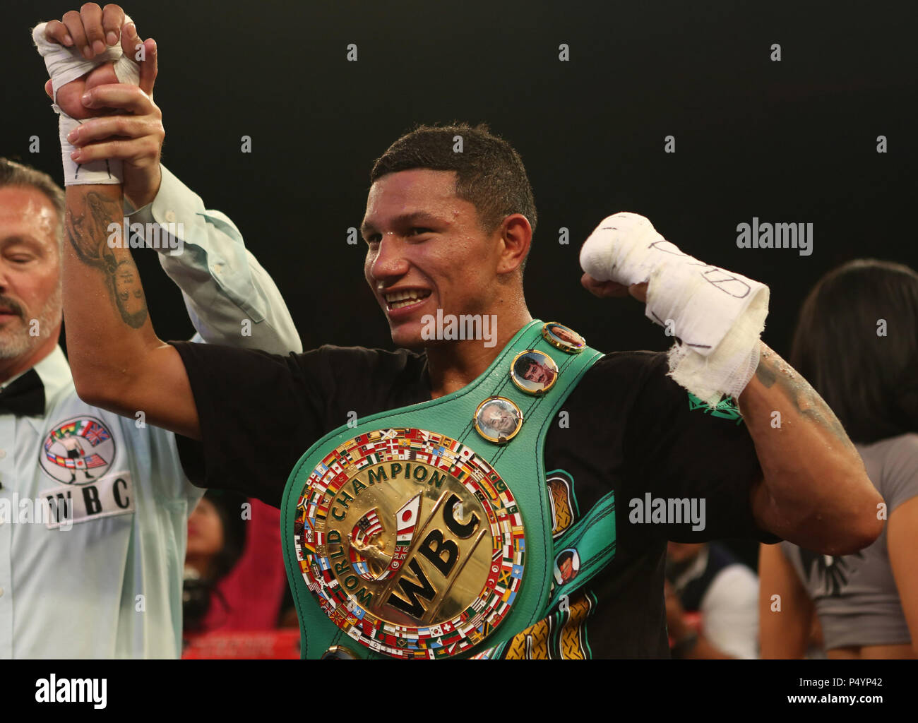 The Mexican Miguel "Alacrán" Berchelt defeats the Argentine Jonathan "Yoni"  Barros during the dispute of the super featherweight title of the World  Boxing Council (WBC), in the city of Merida, Yucatan, Mexico,