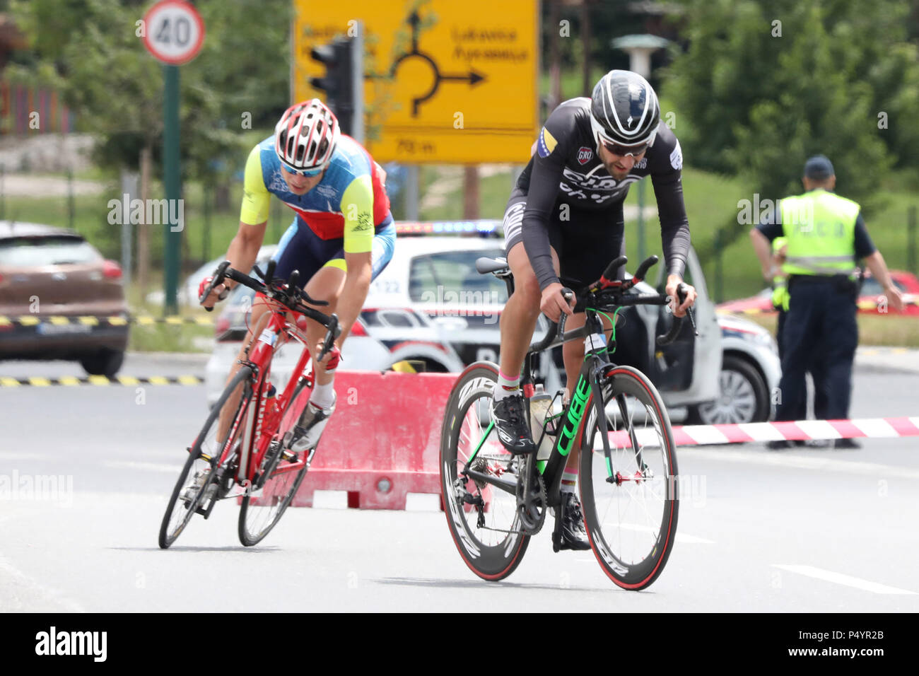 Sarajevo. 23rd June, 2018. Cyclists compete during the men's 40km individual time trial of cycling road at the national championship of Bosnia and Herzegovina in Sarajevo June 23, 2018. Credit: Haris Memija/Xinhua/Alamy Live News Stock Photo