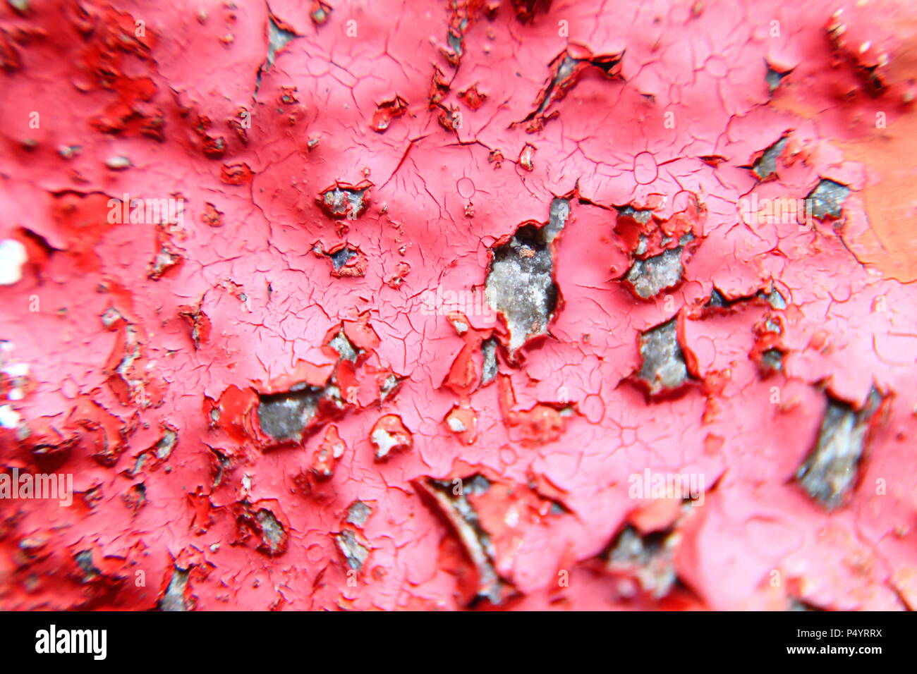 Macro light blurry photo of painted wall with red cracked color surface. Stock Photo