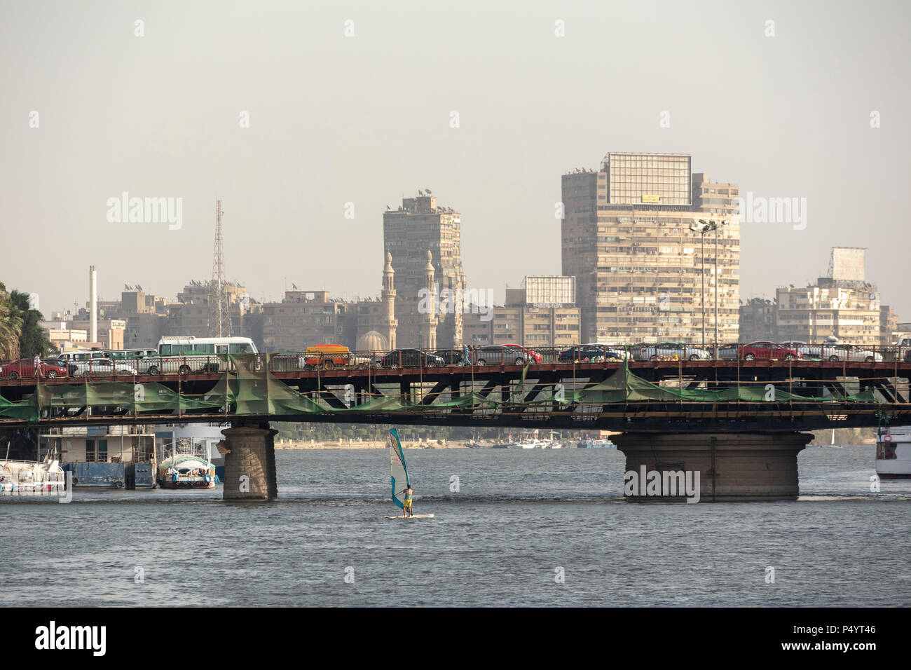 view of the Nile and traffic on el-Galaa bridge, Cairo, Egypt Stock Photo