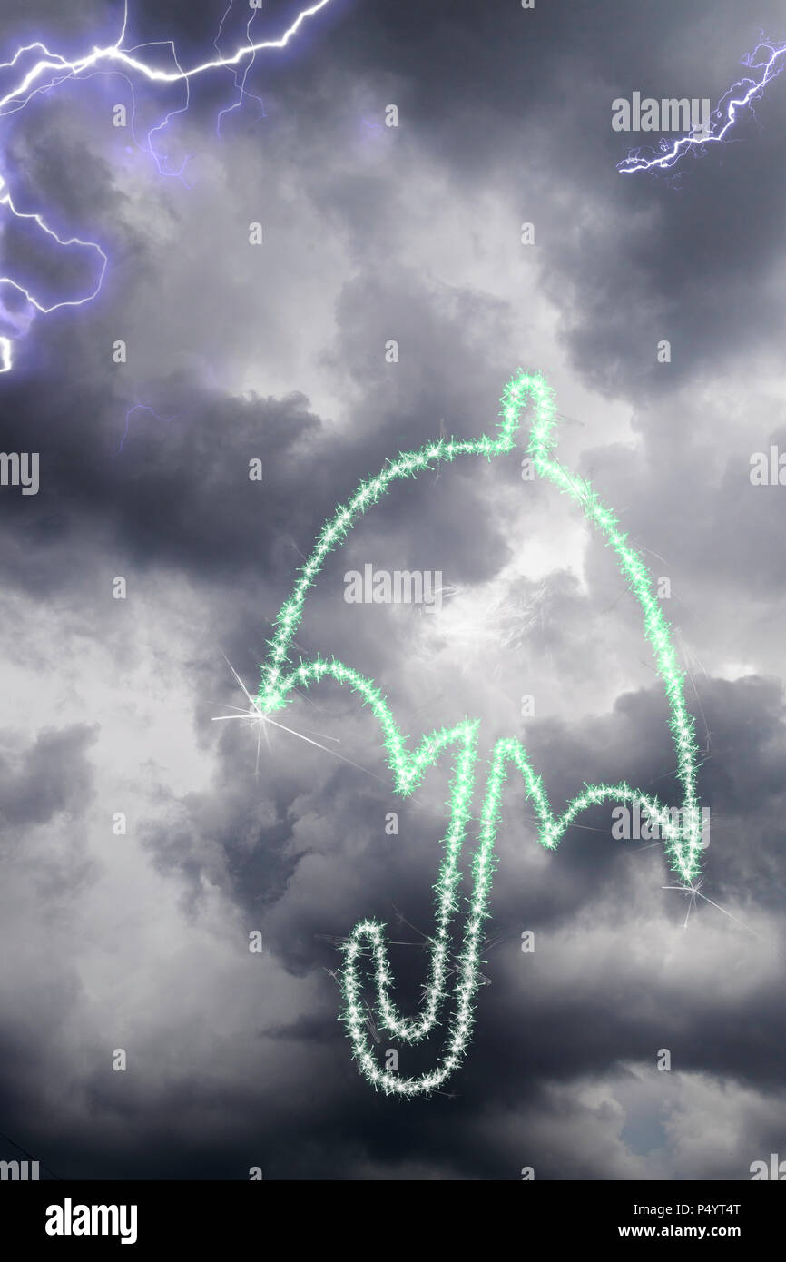 Sparkling umbrella floating in a stormy sky. CGI or computer generated image Stock Photo