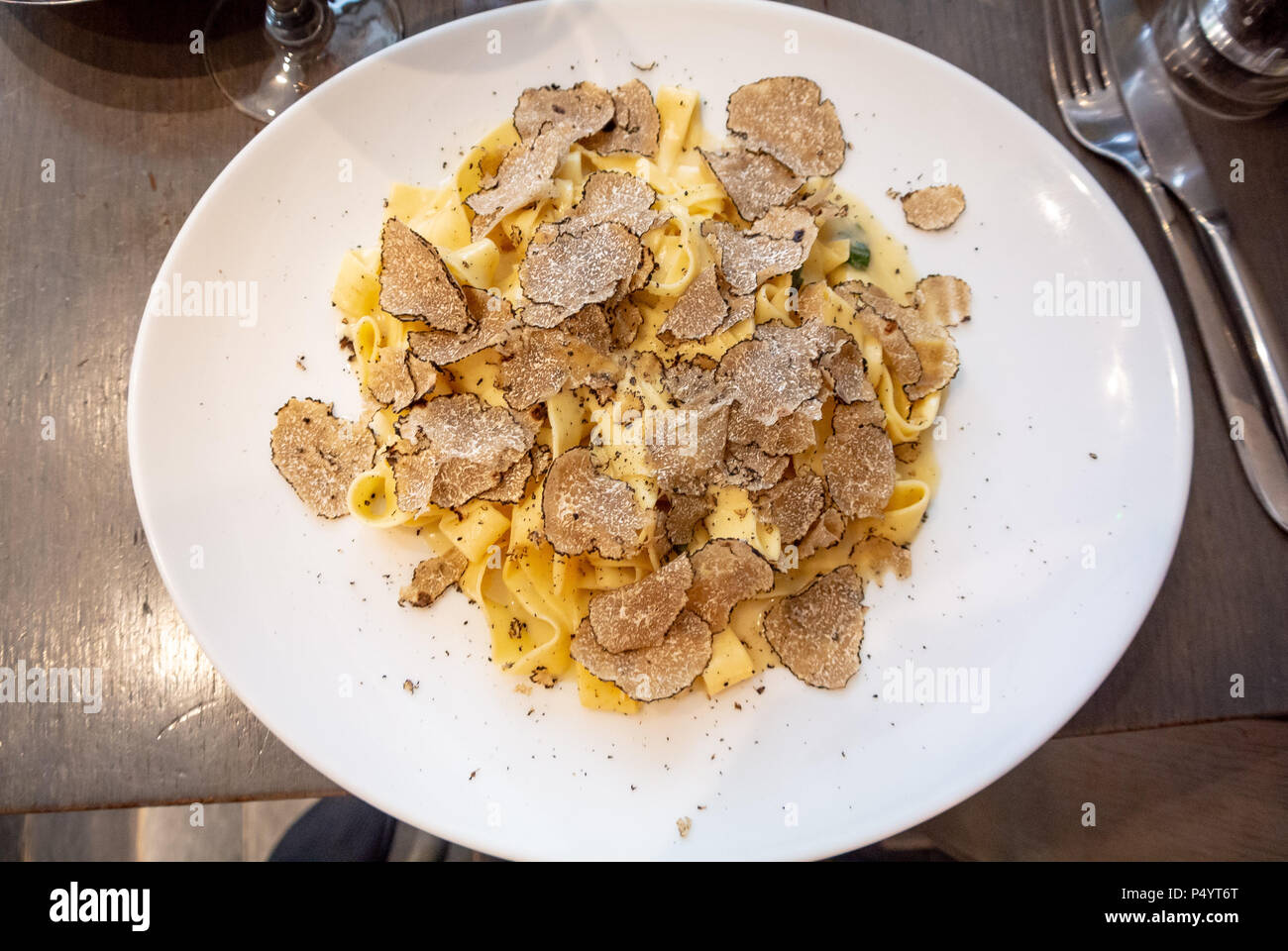 Black truffle mushroom pasta Stock Photo