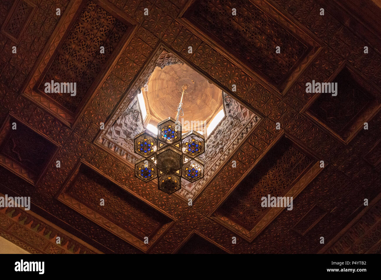 detail of carved wooden skylight, Bayt al-Sinnari palace, Cairo, Egypt Stock Photo