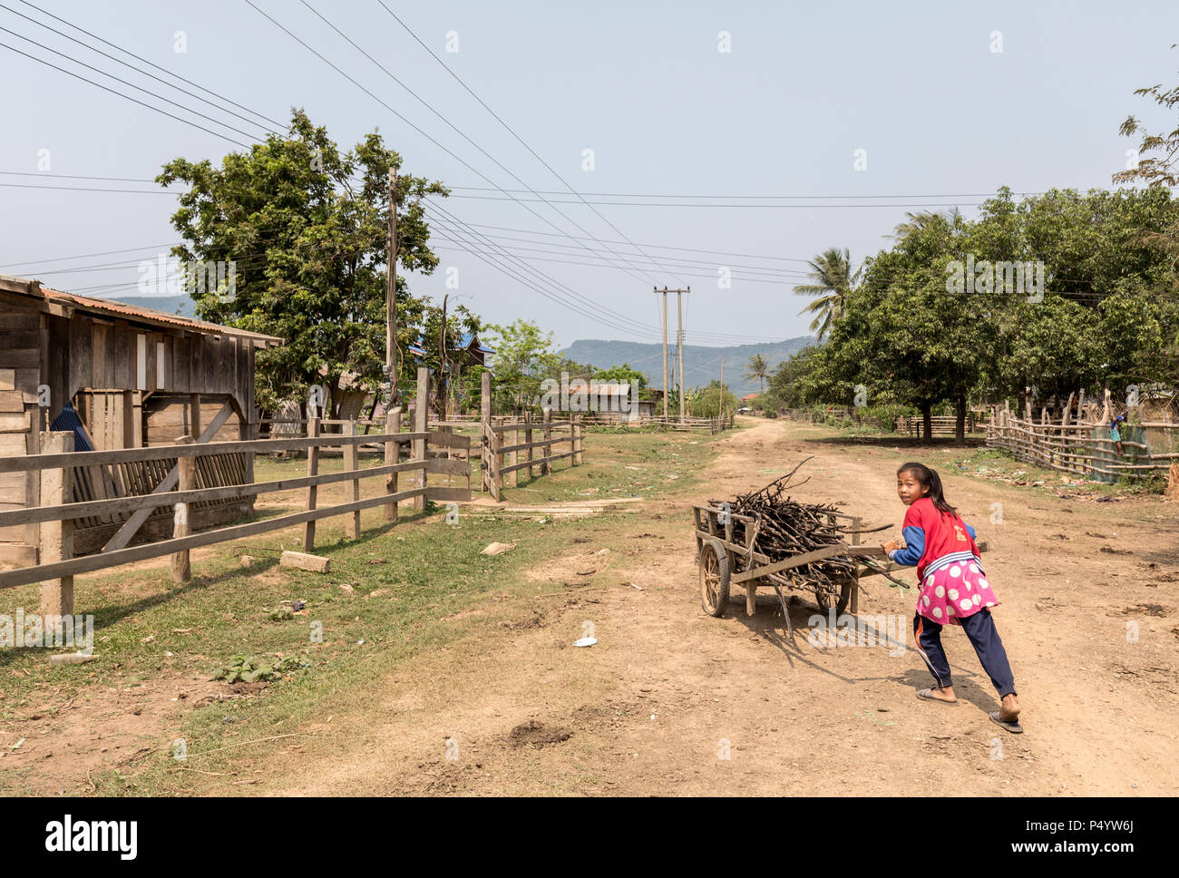 Girl pushing cart with wood for fire, rural village, Laos Stock Photo