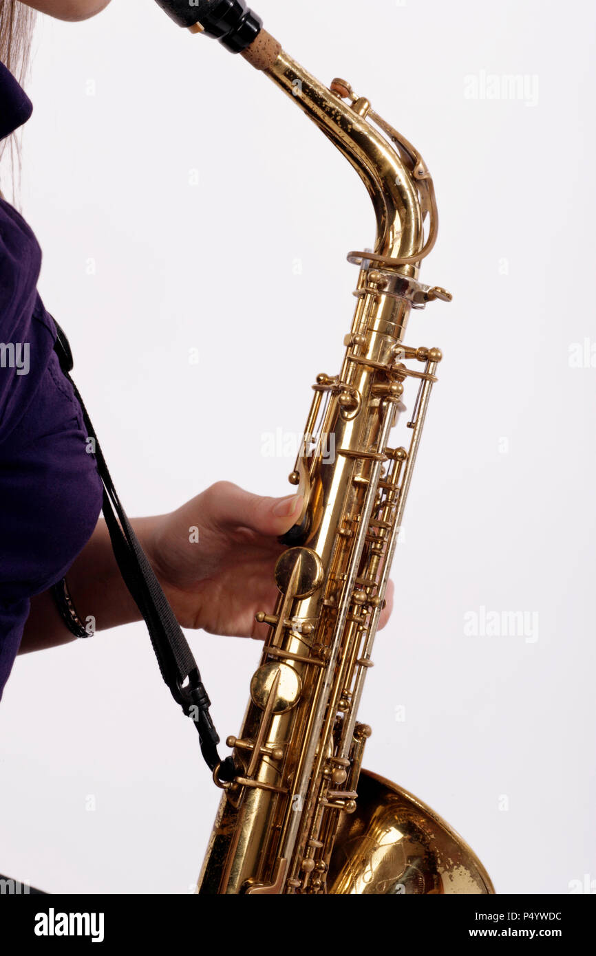 Close up detail of alto saxophone octave, overblow or speaker key Stock