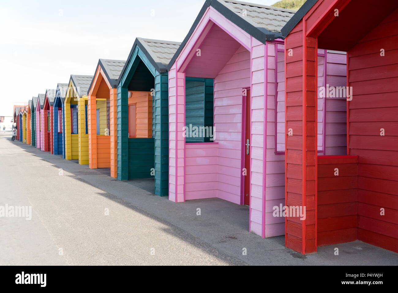 coloured Beach Huts on Saltburn promenade Stock Photo
