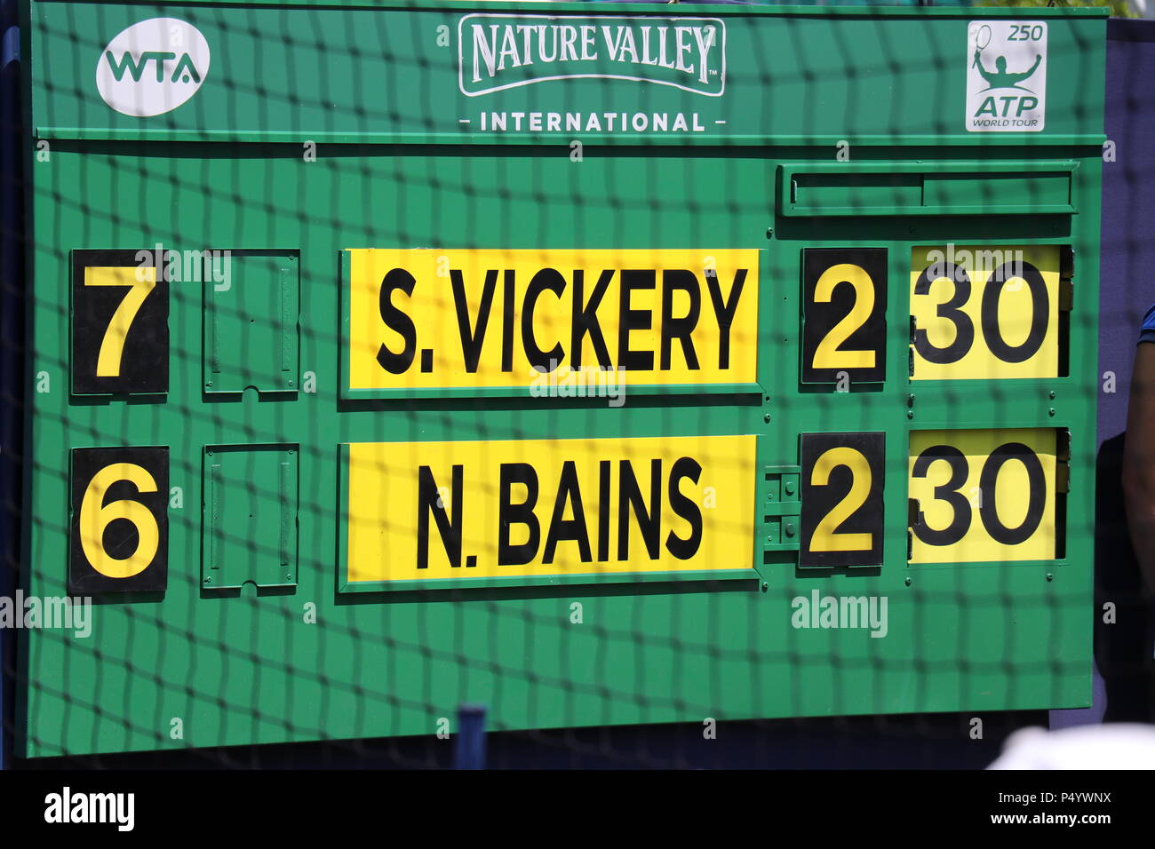 Scoreboard at the Women's Tennis Association WTA International Tennis in Eastbourne, Devonshire Park, East Sussex Stock Photo