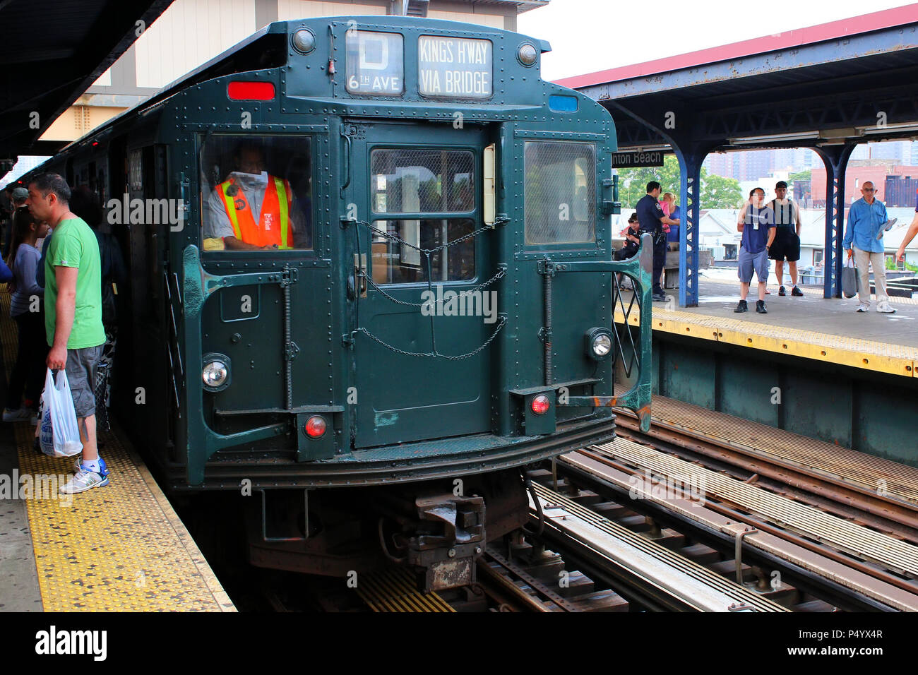 NEW YORK, NY - JUNE 17: Vintage train waits at the Brighton Beach Subway station during New York Transit Museum's Parade of Train on Coney Island in B Stock Photo