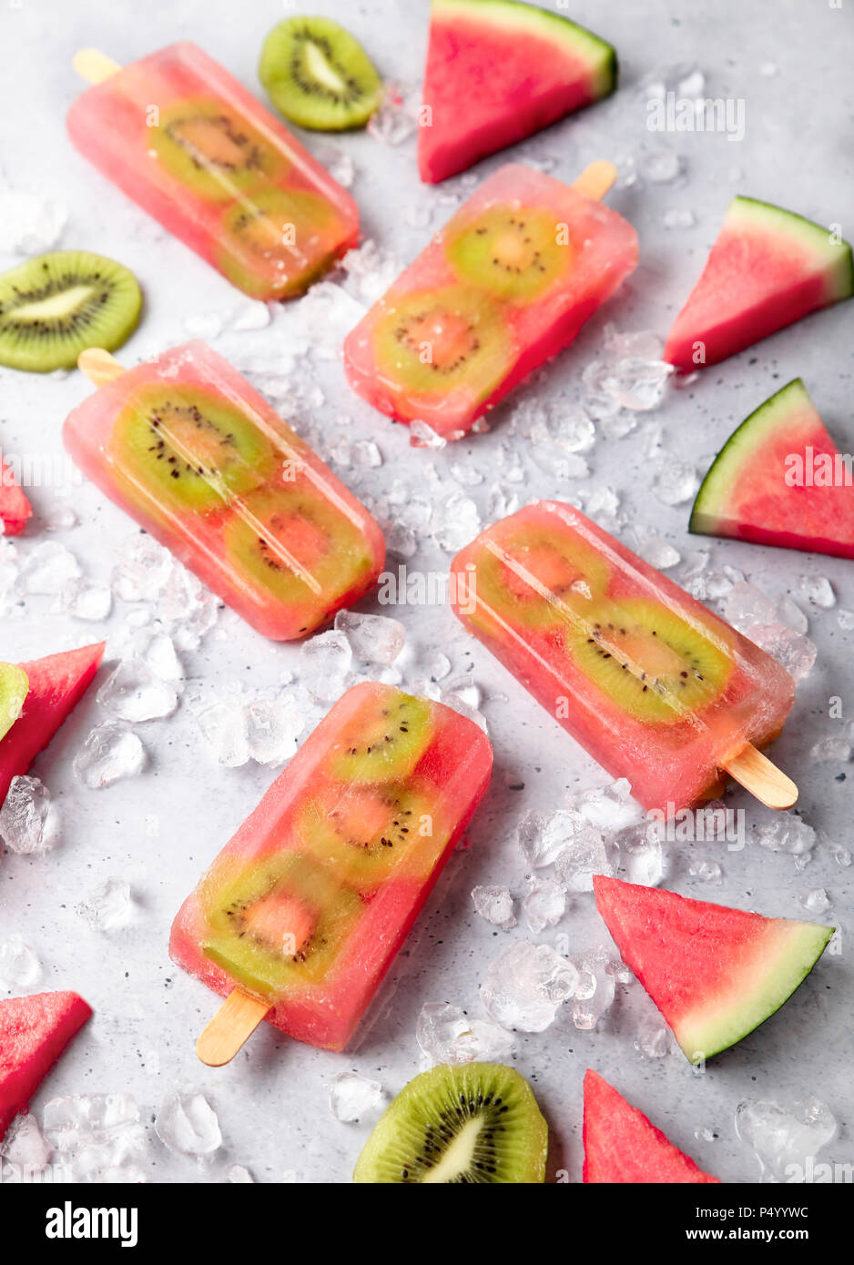 Homemade watermelon kiwi ice lollies Stock Photo