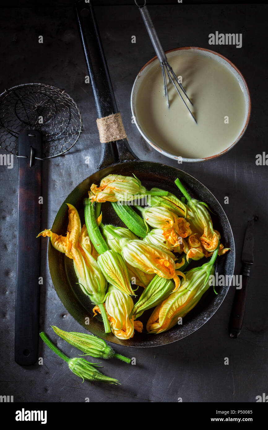 Homemade fried zucchini flower made of pancake batter Stock Photo Alamy