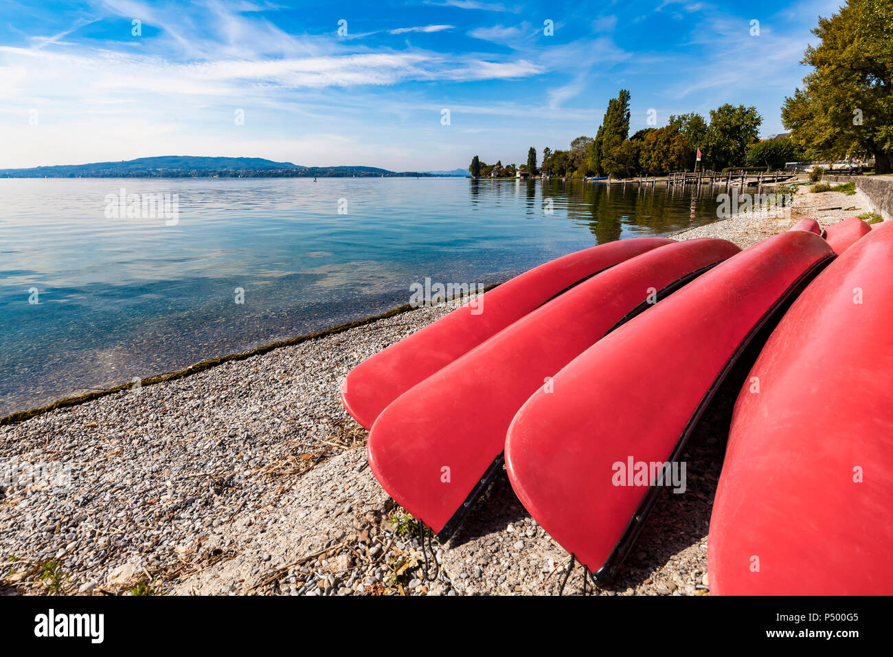 Germany, Constance district, Reichenau Island, lakeshore with Canadian canoes Stock Photo