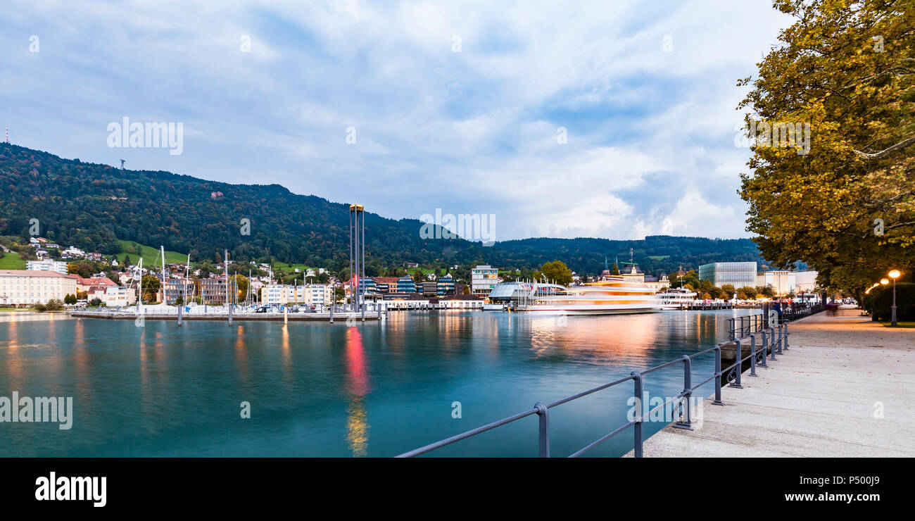 Austria, Vorarlberg, Bregenz, Lake Constance, Harbour, lakeside promenade, Kunsthaus Bregenz in the evening Stock Photo