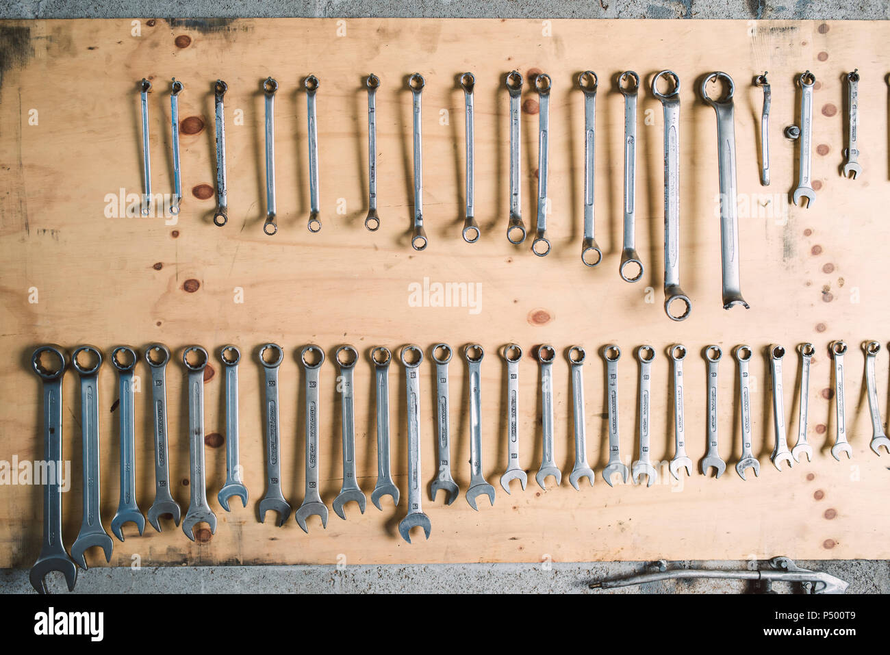 Assortment of screw wrenches in workshop Stock Photo