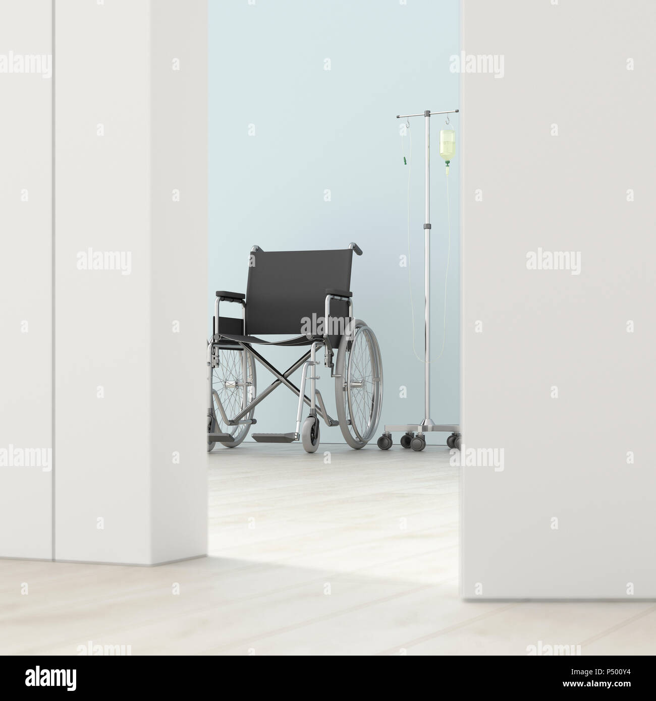 Wheelchair and IV drip in a room behind ajar door, 3d rendering Stock Photo